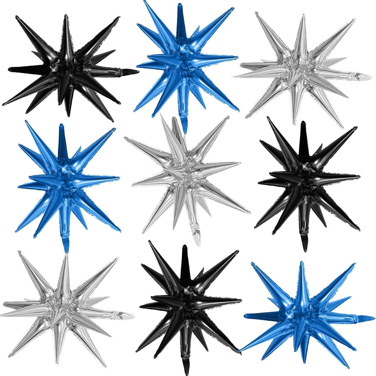 9-Pack 22in Black, Blue & Silver Spike Star Foil Balloons – Mylar Party Decor for Birthday, Anniversary & Baby Shower
